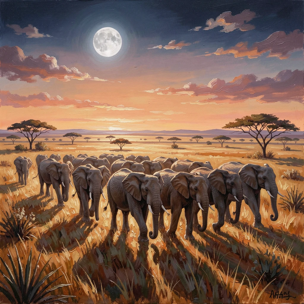 A herd of elephants crossing a wide savanna, beneath a wide African sky at golden hour, it surveying the landscape from a high vantage point, under the soft light of a full moon.