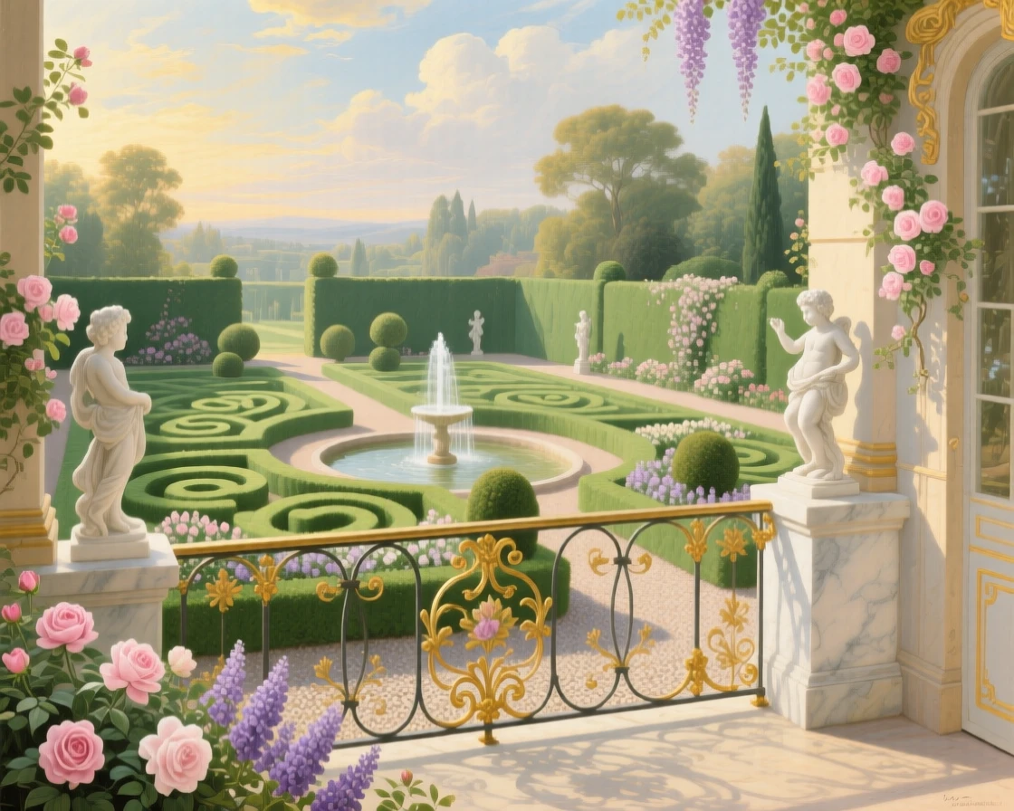 A formal garden seen from a palace balcony, its hedges forming elegant patterns  
