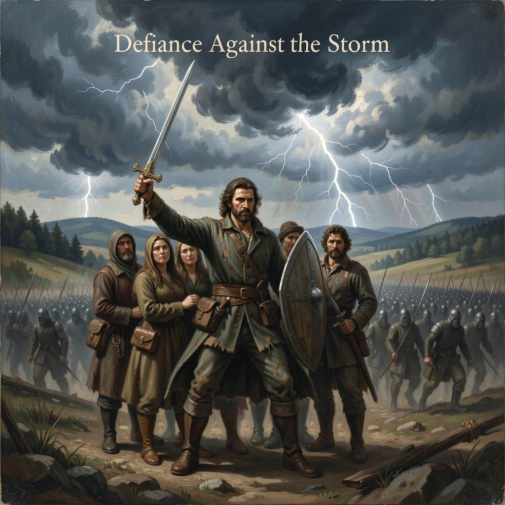 A legendary swordsman shields his companions from an overwhelming army on an open battlefield as thunder rolls overhead.