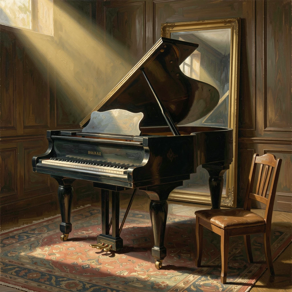 A grand piano beneath a shaft of golden light in an elegant room, with soft, warm light highlighting every fine texture and detail, evoking elegance, refinement, and quiet luxury