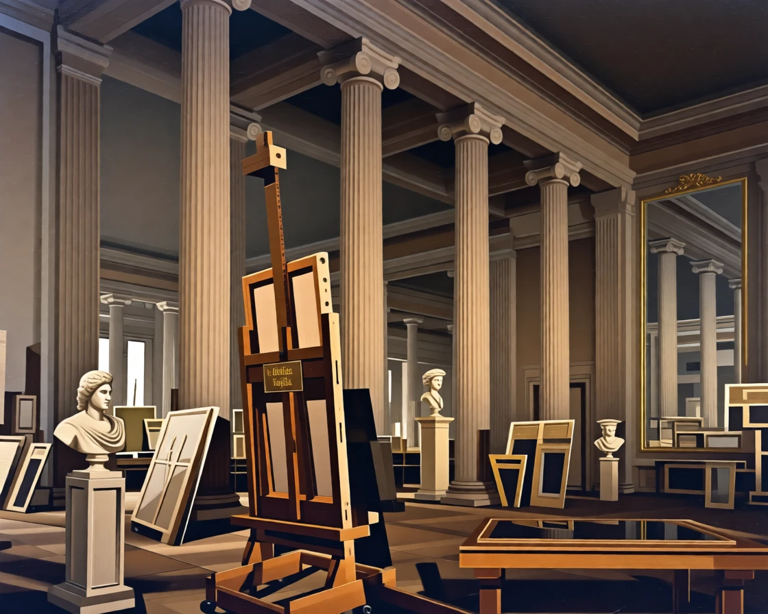 An artist's grand studio filled with half-finished canvases and marble busts holding the quiet grandeur of a bygone era, set within a royal residence steeped in history, with tall mirrors reflecting endless corridors of light and shadow; strong vertical lines of columns lead the eye upward toward the light, suggesting both luxury and profound stillness.