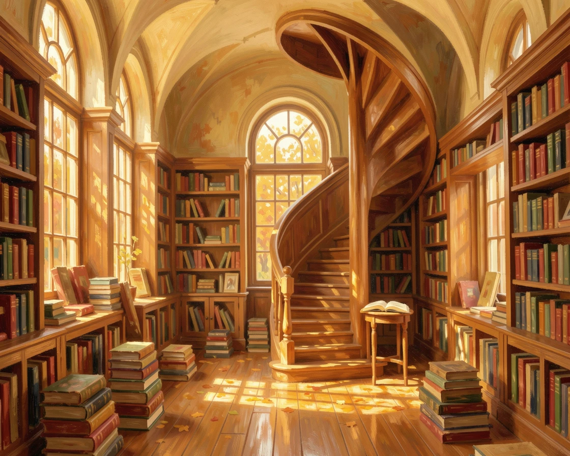A charming secondhand bookstore with a spiral staircase and shelves stacked to a vaulted ceiling, in the golden days of autumn, capturing a moment of quiet intimacy.