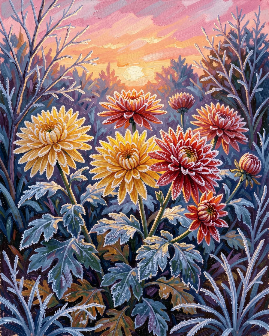 A frost-covered garden at dawn, the last chrysanthemums glittering with ice crystals.