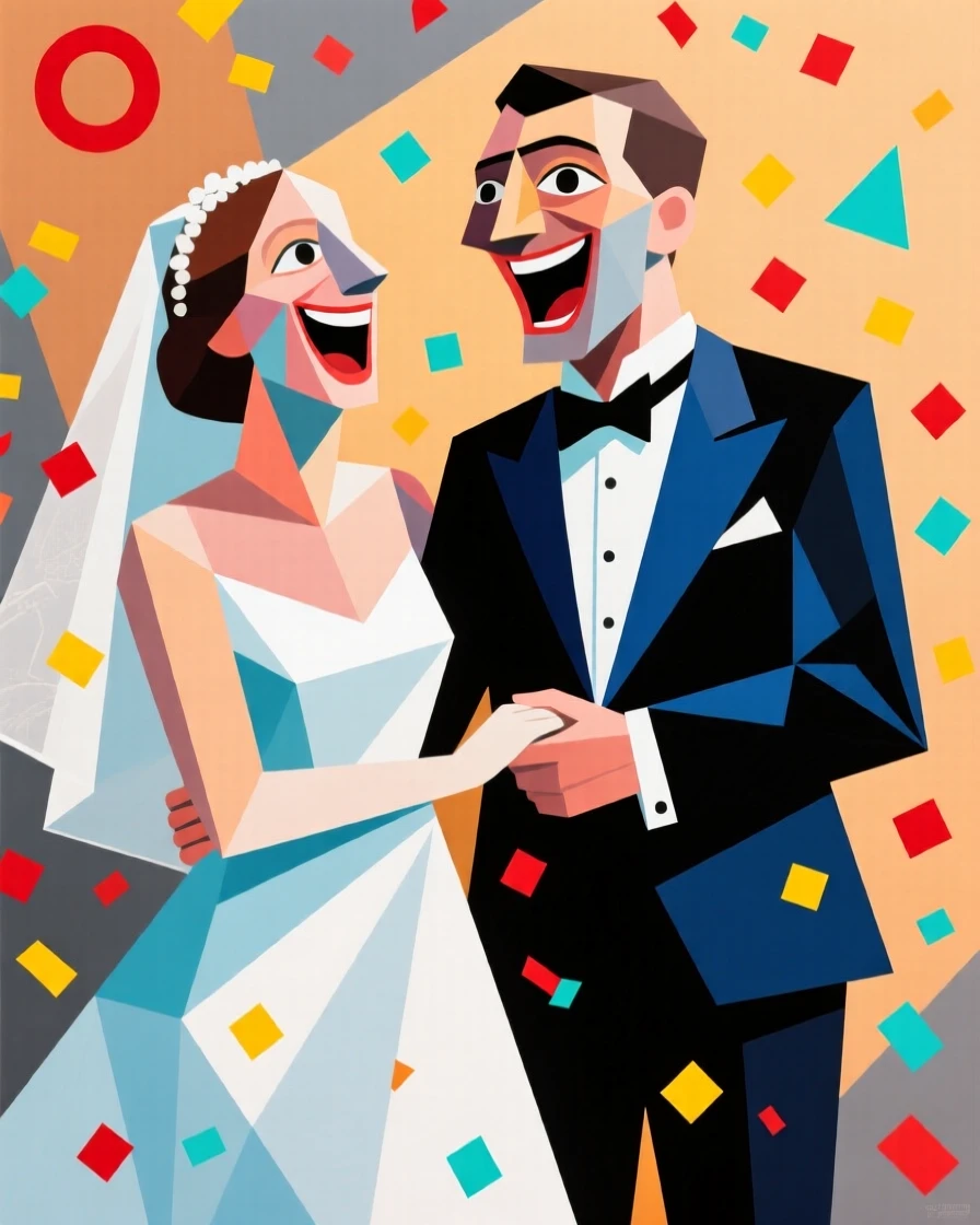 A bride and groom laughing together as confetti falls around them.