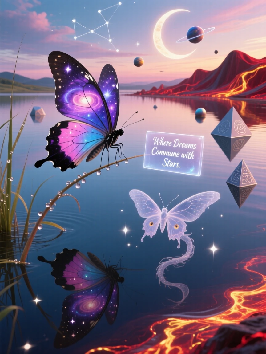 A butterfly whose wings are painted with an entire miniature galaxy pauses quietly at the edge of a still and glassy lake, as its reflection shows a slightly different creature entirely.