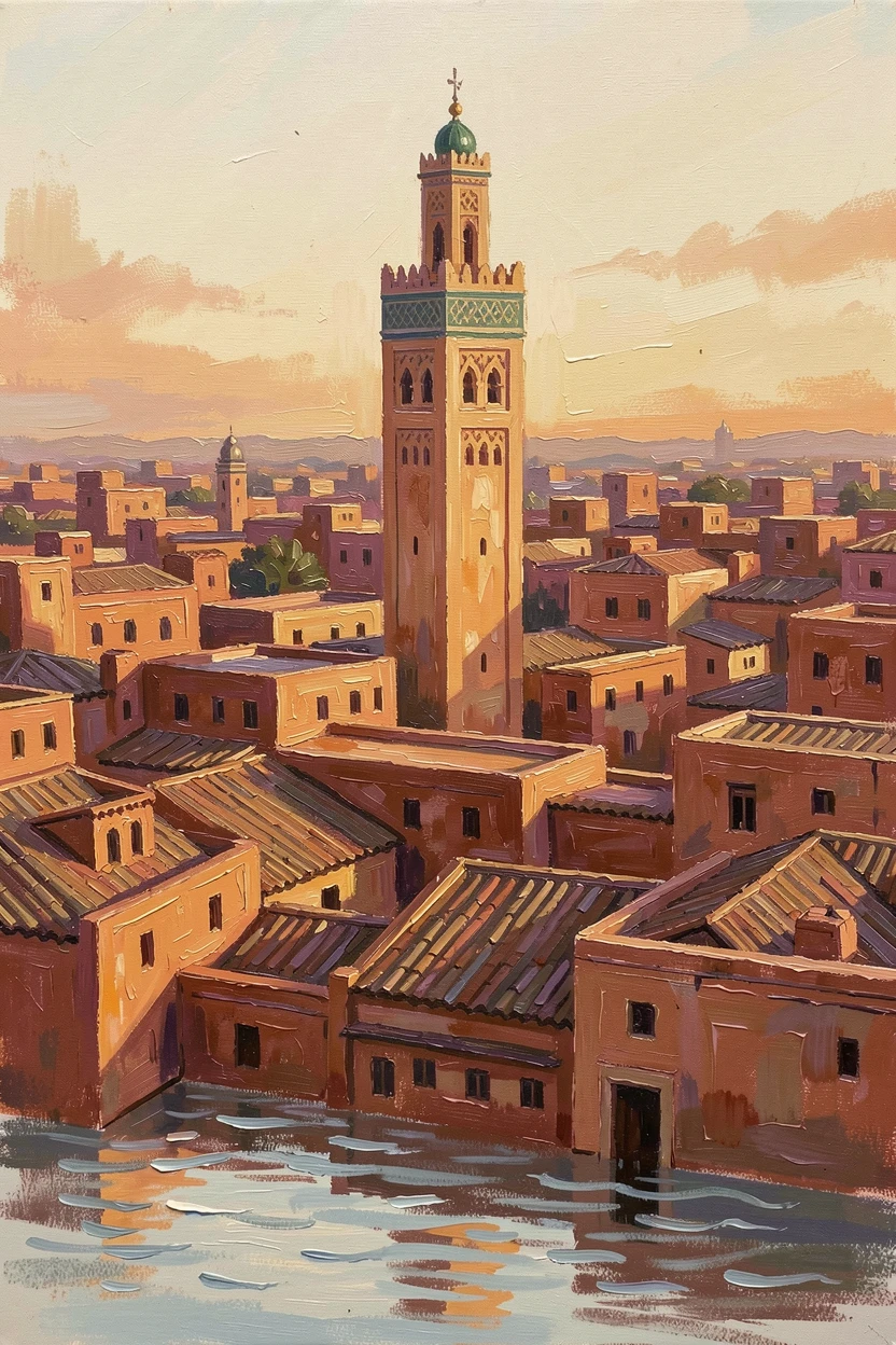 A bustling view of Marrakech's rooftops shows the Koutoubia Mosque minaret rising above a maze of terracotta buildings at golden hour, small ripples or movement in the foreground giving the otherwise still setting a sense of quiet life.