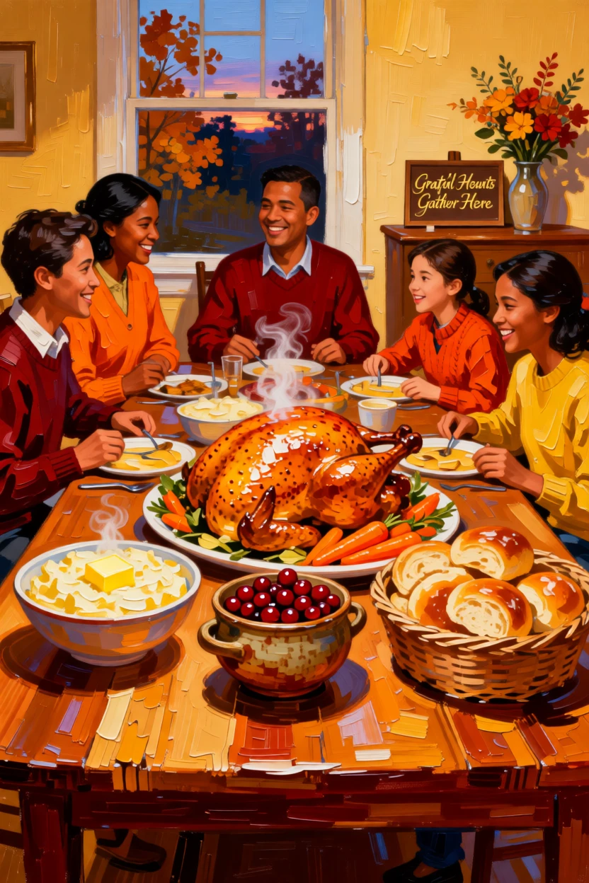 A family gathered around a Thanksgiving table piled high with a golden roasted feast