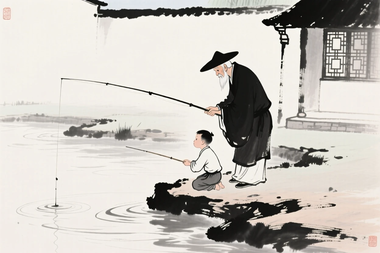 A grandfather teaches his grandson to fish along a riverbank, as the afternoon light softens across the courtyard.