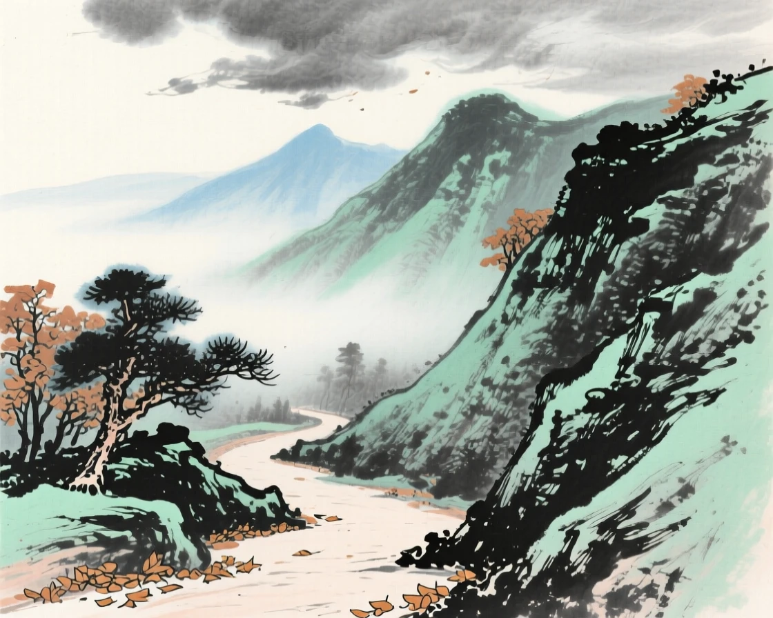 An empty mountain path disappearing into drifting fog, beneath low hanging clouds, in late autumn, radiating gentle serenity.