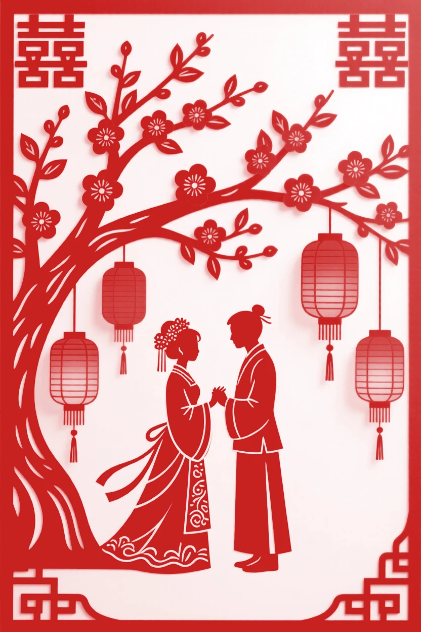 Newlyweds exchanging vows beneath a blossoming tree, red lanterns glowing warmly in the background.