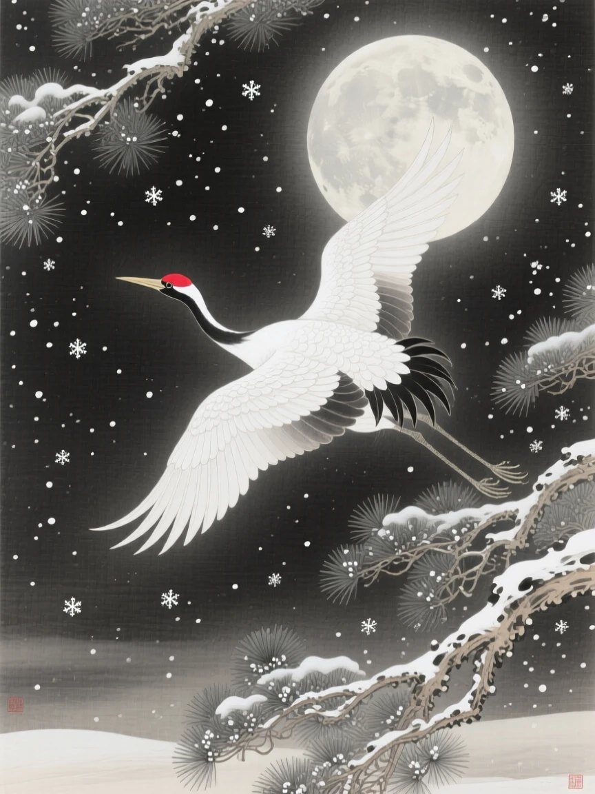 Snow falling silently under a pale winter moon, with a single crane flying across the moon