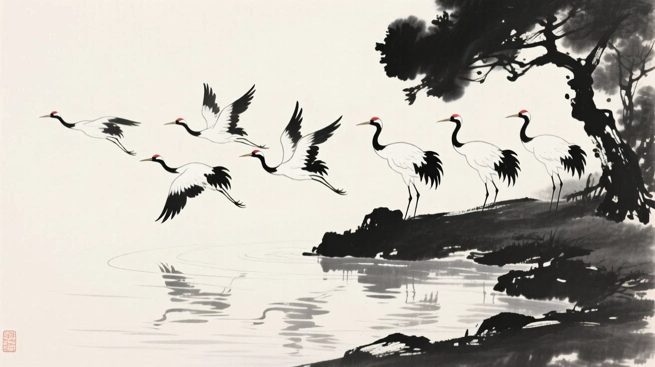 A flock of cranes gliding low across the water's surface over a tranquil garden pond, positioned in one corner, leaving airy negative space, suggesting renewal and the gentle passage of seasons.