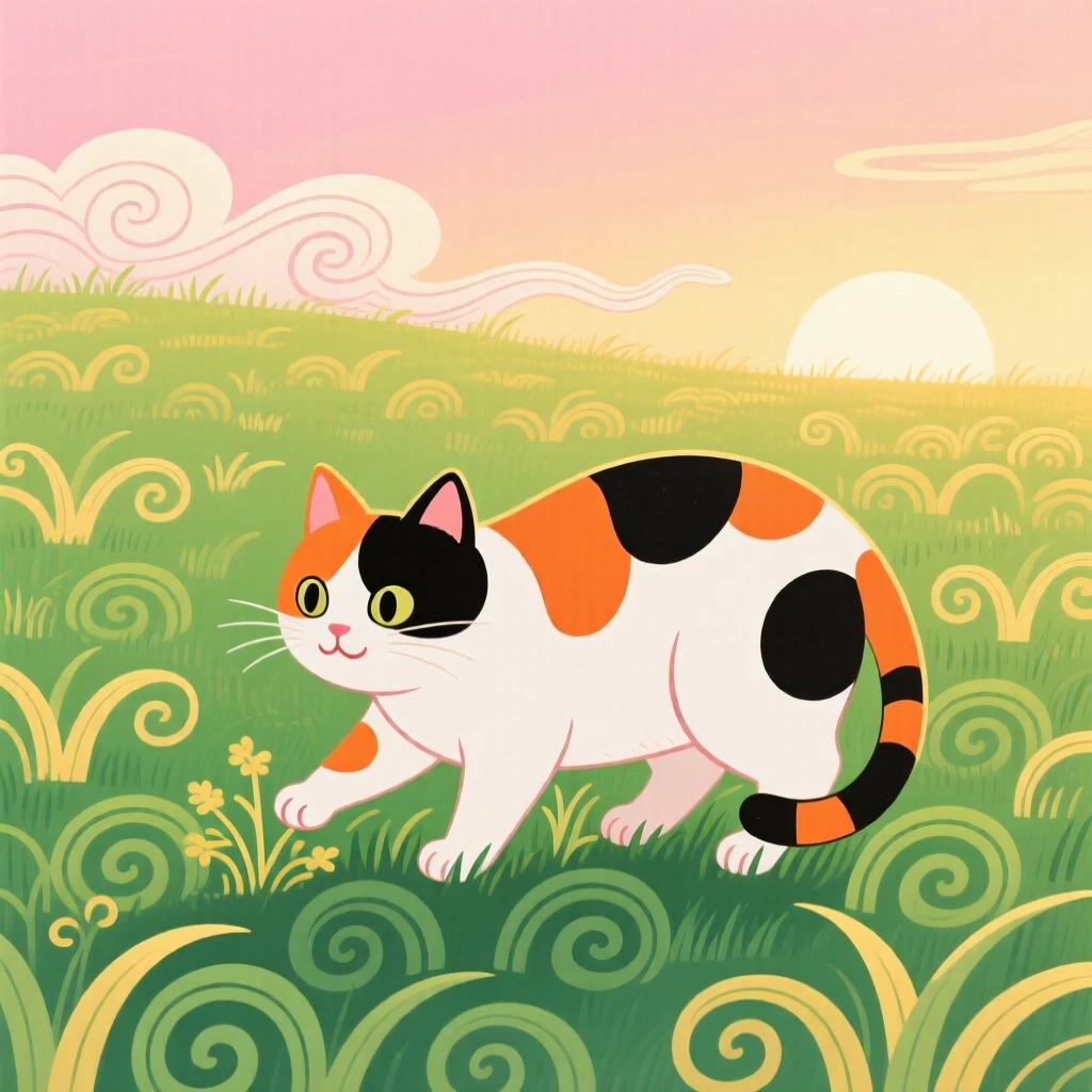 A calico cat grazing in a green pasture at dawn.