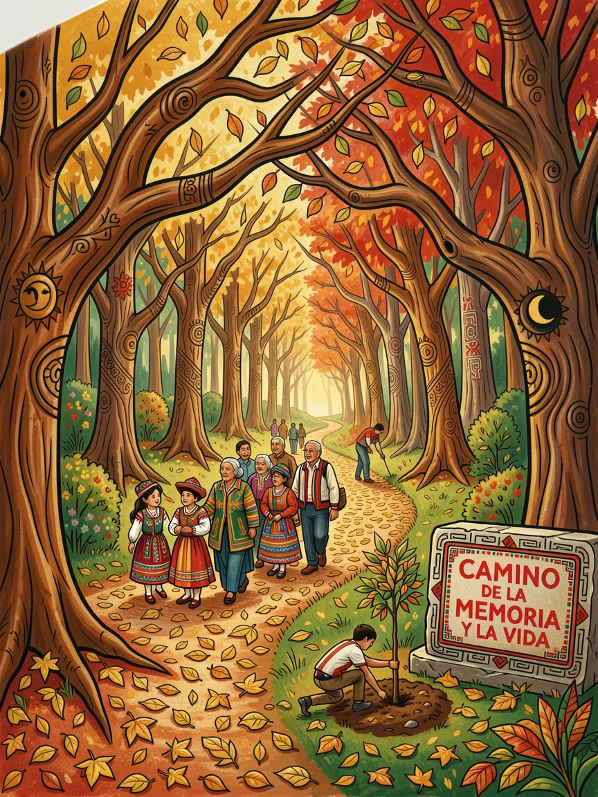 A forest path carpeted with fallen golden leaves