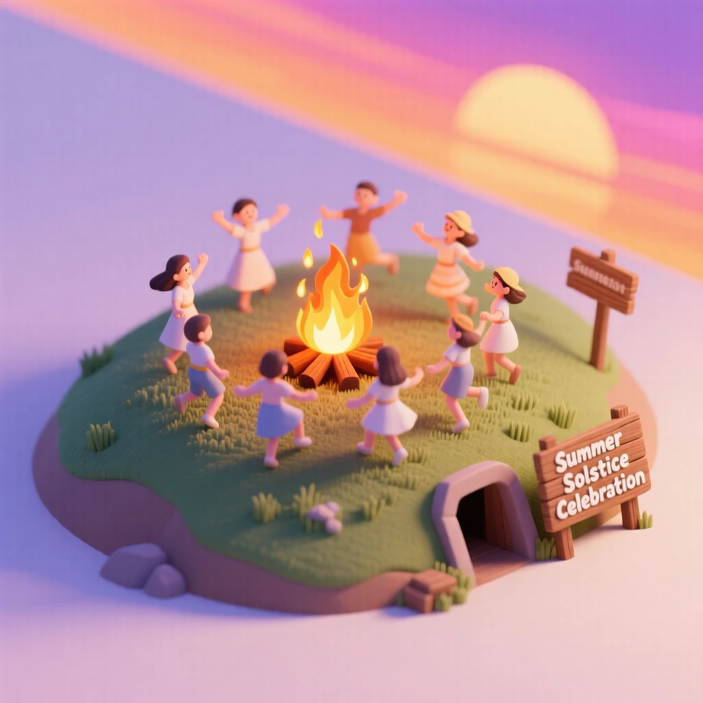 A summer solstice bonfire celebration on a hilltop, dancers circling the flames as the sun sets in brilliant colors.