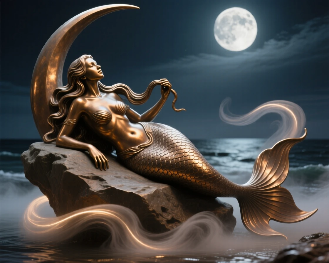A mermaid resting on a moonlit rock, surrounded by swirling mist and light, radiating awe and grandeur