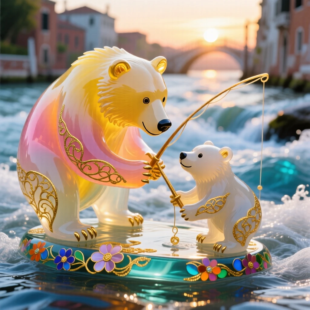 A mother bear and cub fishing together in a rushing river at dawn, tender and instinctive.