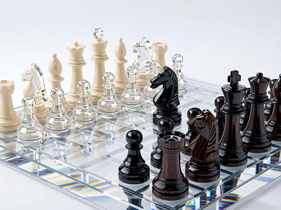 A hand-carved wooden chess set with intricate ivory and ebony pieces mid-game.
