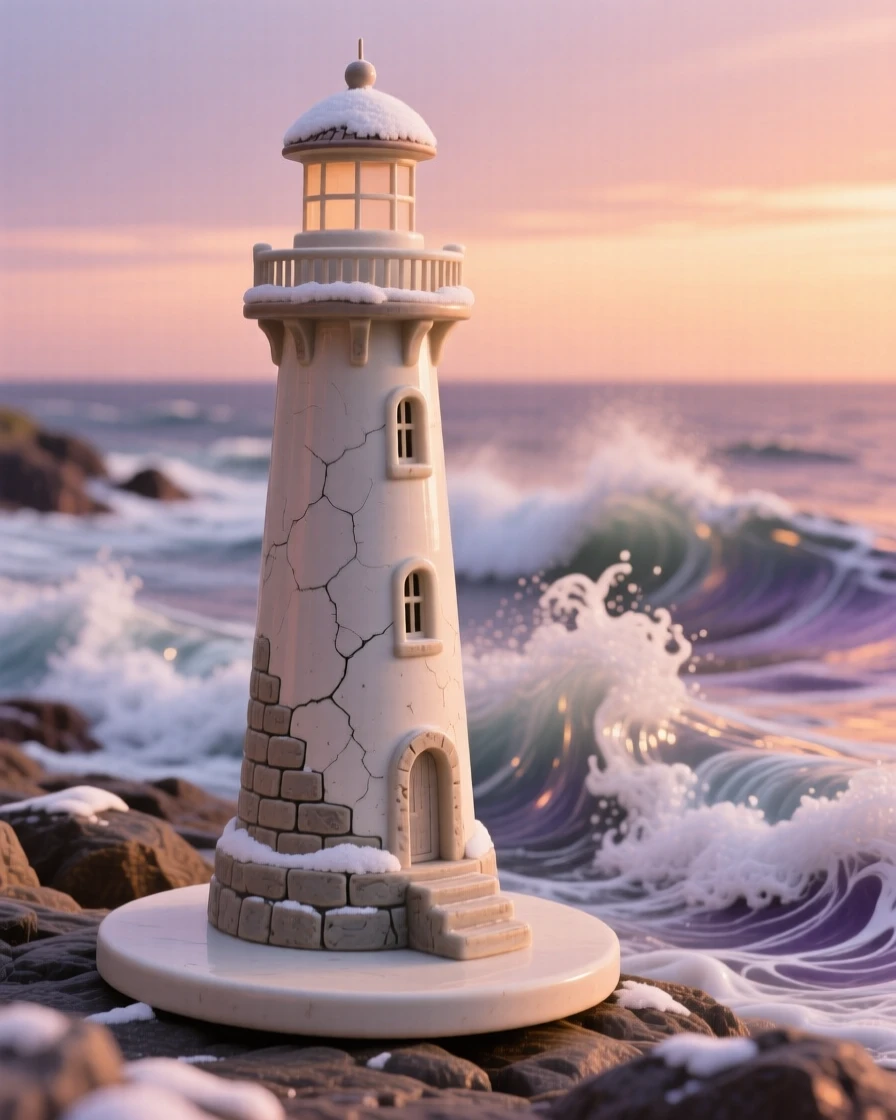 A lighthouse standing against crashing waves captured in the soft glow of sunset, dusted lightly with fresh snow, capturing the romance of a bygone era.
