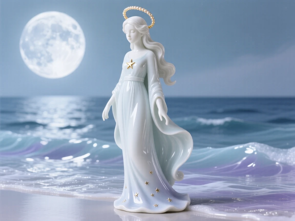 A mythological moment: a celestial star maiden gazing serenely over a moonlit sea, bathed in an otherworldly glow.