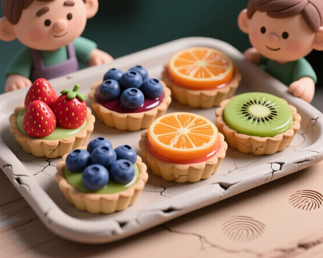 A tray of colorful fruit tarts glazed to a glossy shine