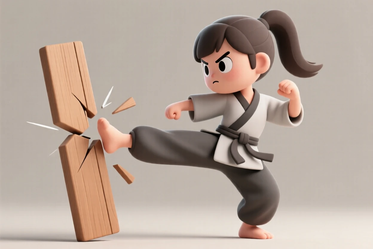 A determined martial artist breaks a wooden board with a powerful kick, focus etched across her face.