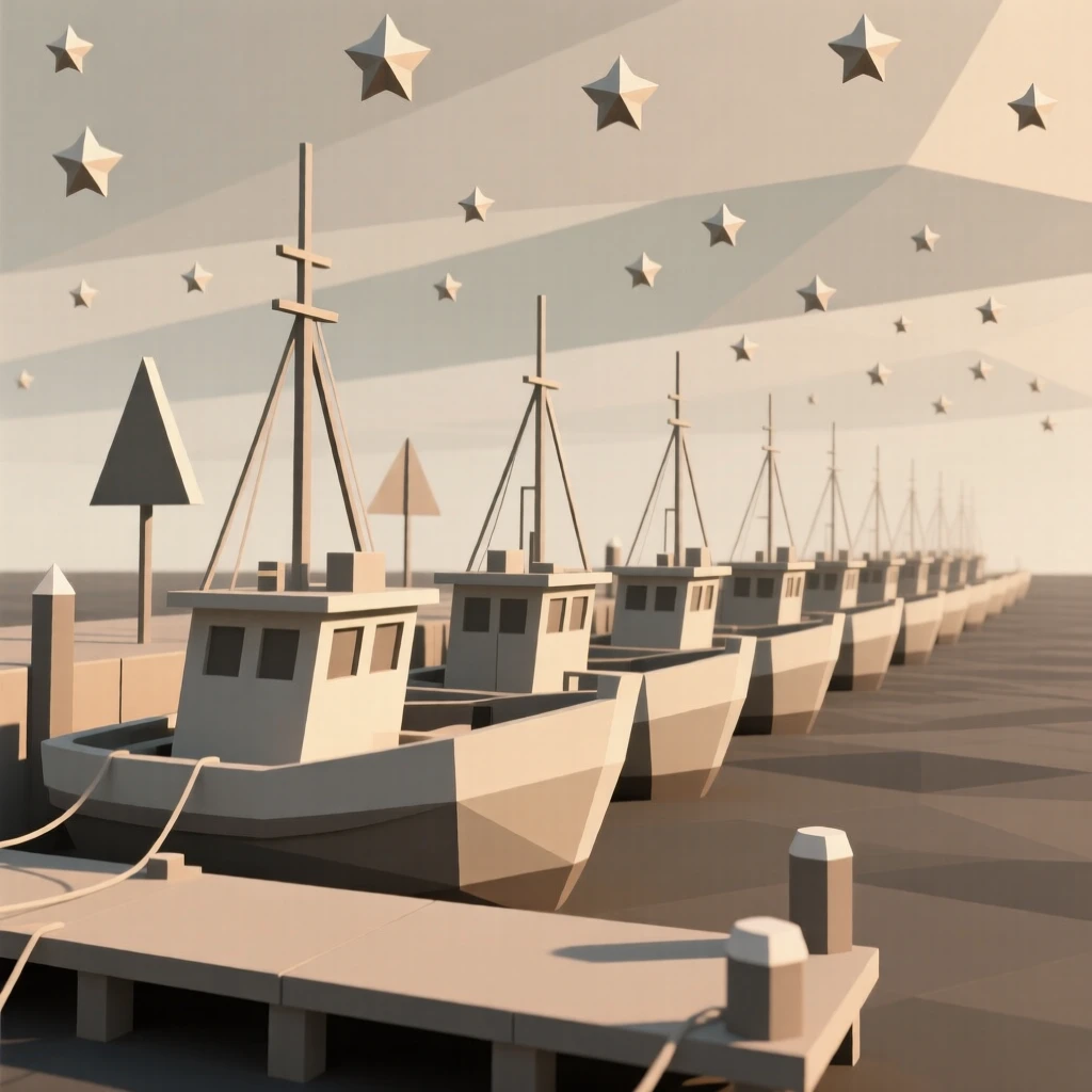 A colorful row of fishing boats docked at a harbor, beneath a sky full of stars. the framing draws the eye along a natural leading line. There is a warm sense of nostalgia.