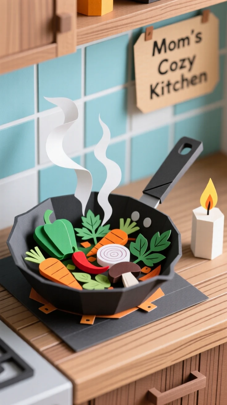 A sizzling skillet of stir-fried vegetables plated in a cozy candlelit kitchen, with fresh herbs scattered on top, evoking comfort and rich flavor.
