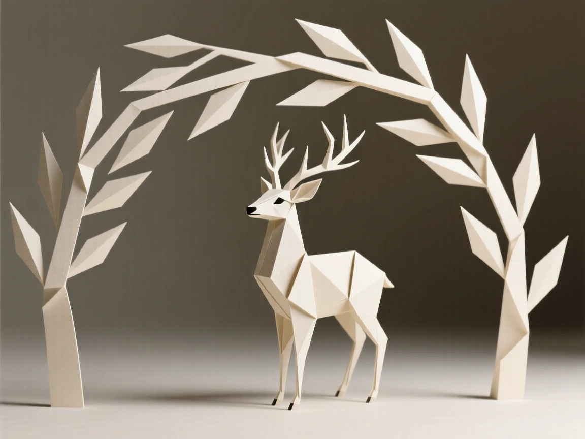 A stylized deer standing beneath an arching canopy of decorative branches.