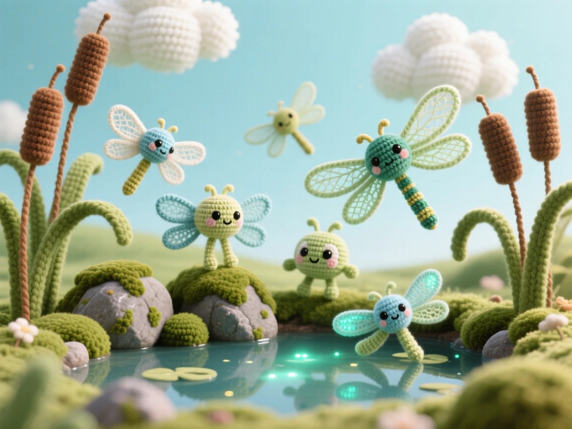 A picturesque scene featuring a small hidden pond ringed by cattails, home to a family of dragonflies, glowing softly in the afternoon light beneath a sky scattered with soft clouds, accompanied by a cluster of soft mossy rocks, capturing a serene, storybook tranquility.
