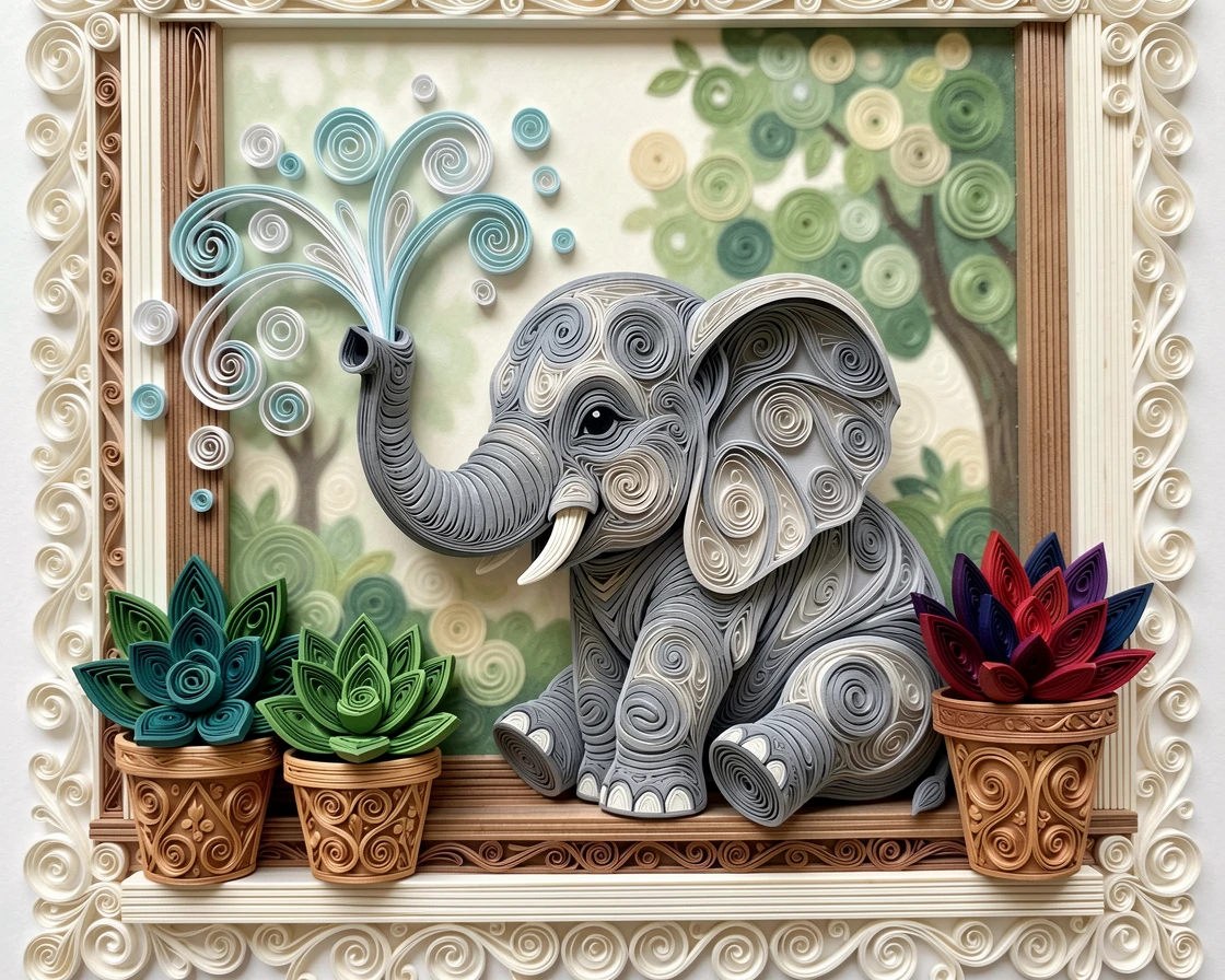 a baby elephant spraying itself with a tiny trunk full of water, on a windowsill lined with potted succulents, centered with soft blurred greenery in the background, with delicate lace-like texture along the edges.