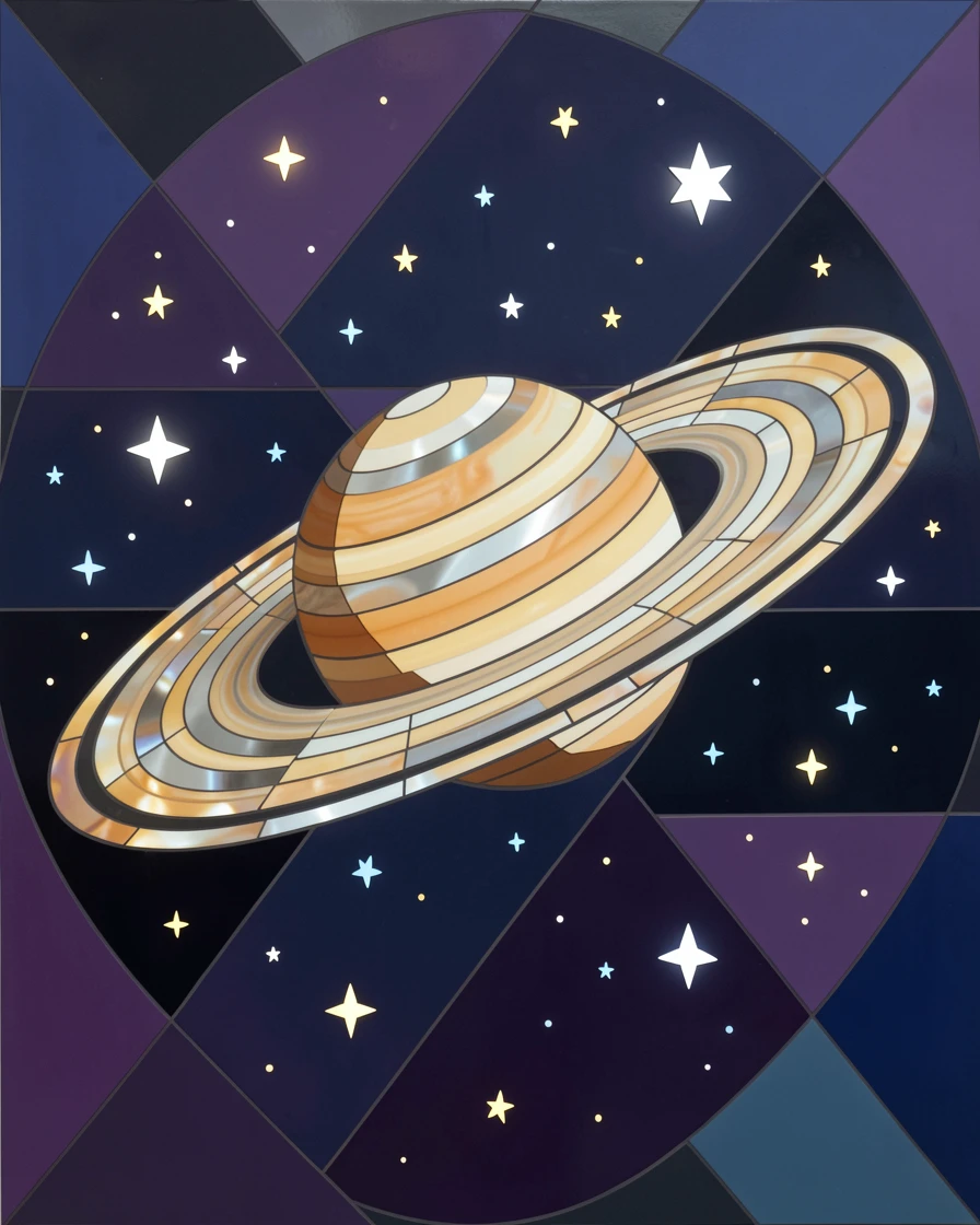 A breathtaking cosmic view of the rings of Saturn glowing softly against the darkness of space, with rich stars and glowing light.
