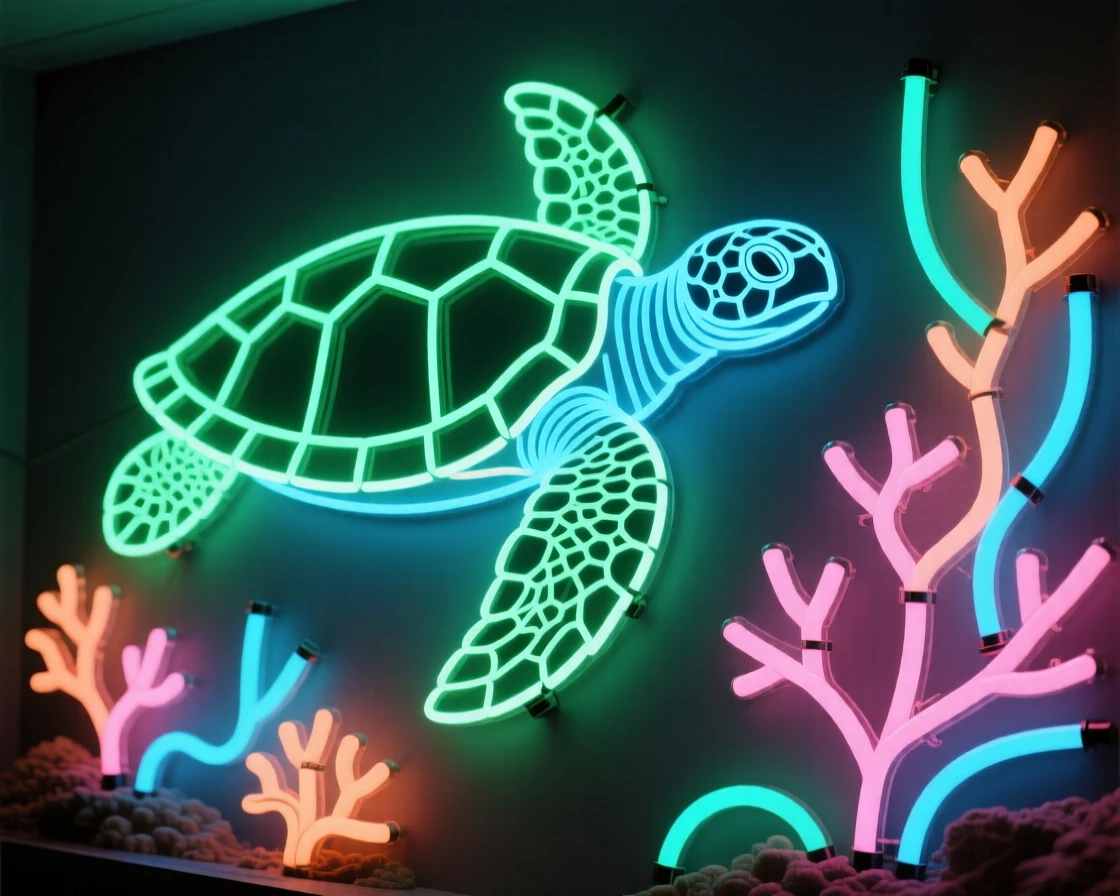 A hawksbill turtle gliding past a wall of soft coral.