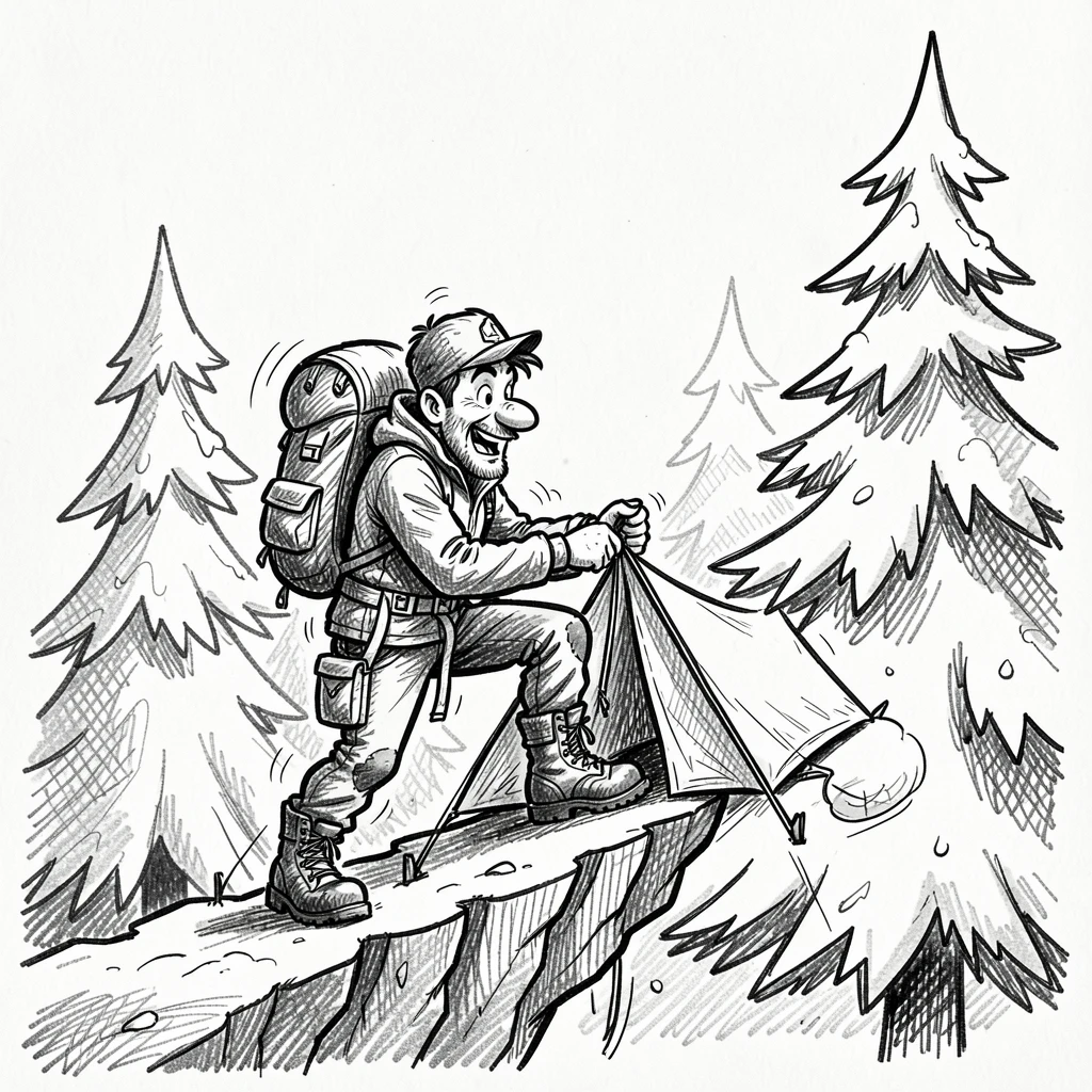 A climber setting up camp on a mountain ledge beside a snowy pine forest.
