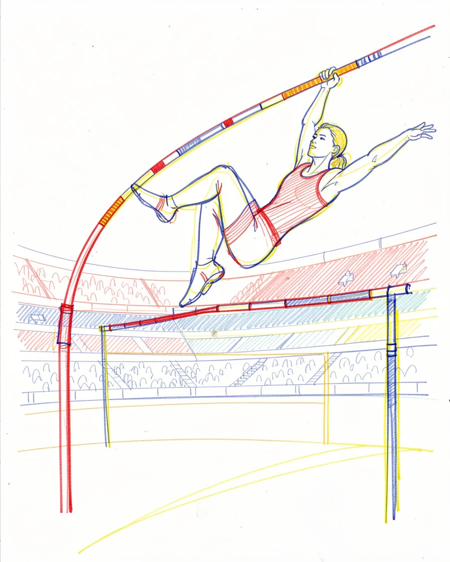 A pole vaulter soaring over the bar against a stadium backdrop