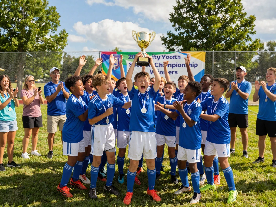A youth soccer team celebrating a championship win