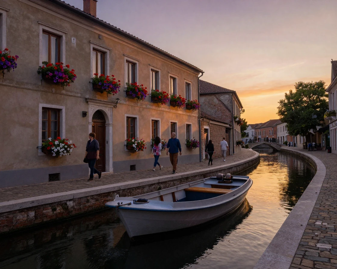 A canal boat drifts past flower-lined windows in a quiet European town at dusk.