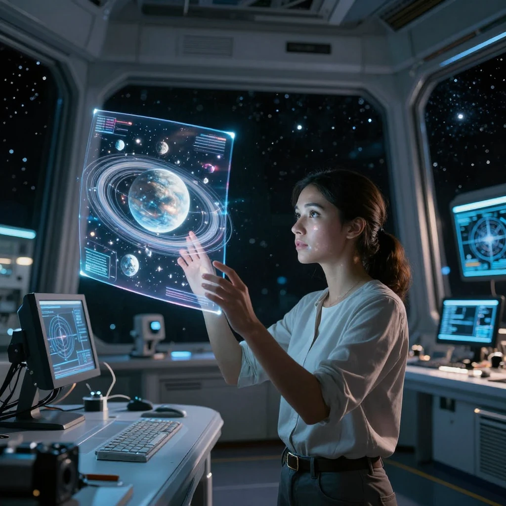 A young astronomer studying distant rings of ice and rock inside a gleaming research station