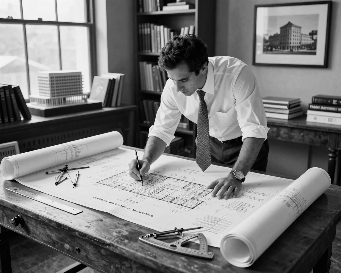An architect reviews blueprints for a new building at a large drafting table.