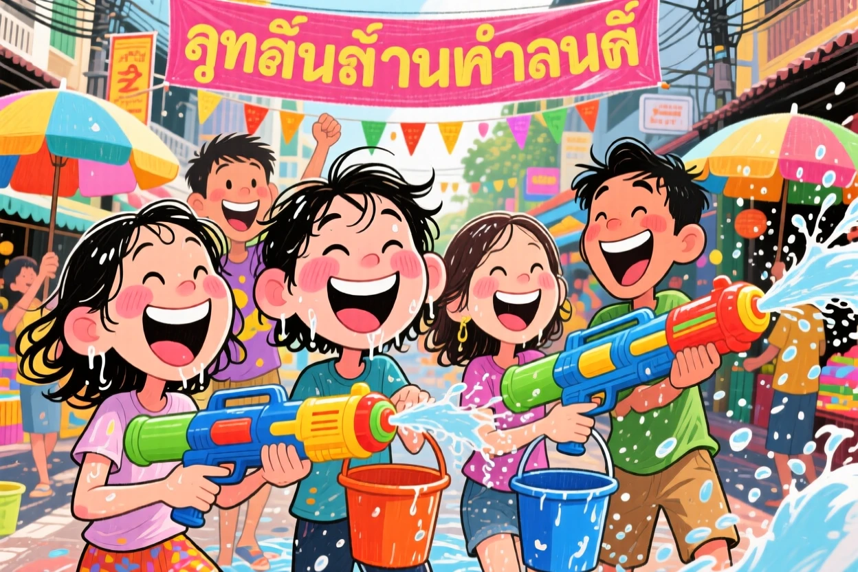 A group celebrating Songkran, splashing water joyfully in the streets of Thailand.
