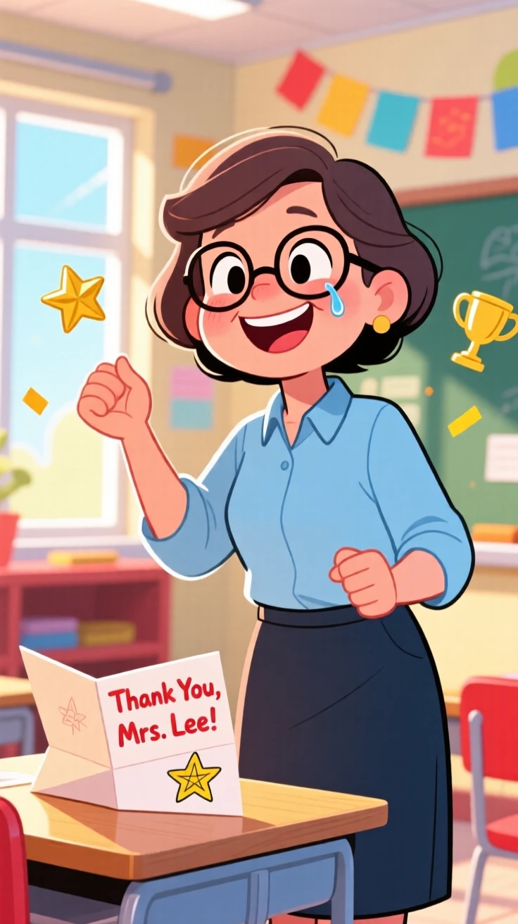 A heartwarming moment depicting a devoted teacher celebrating a small but meaningful milestone, with a single joyful tear rolling down a cheek.