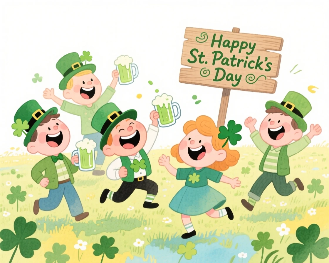 A joyful celebration scene of a St. Patrick's Day celebration with clover-covered fields, filled with warmth and laughter