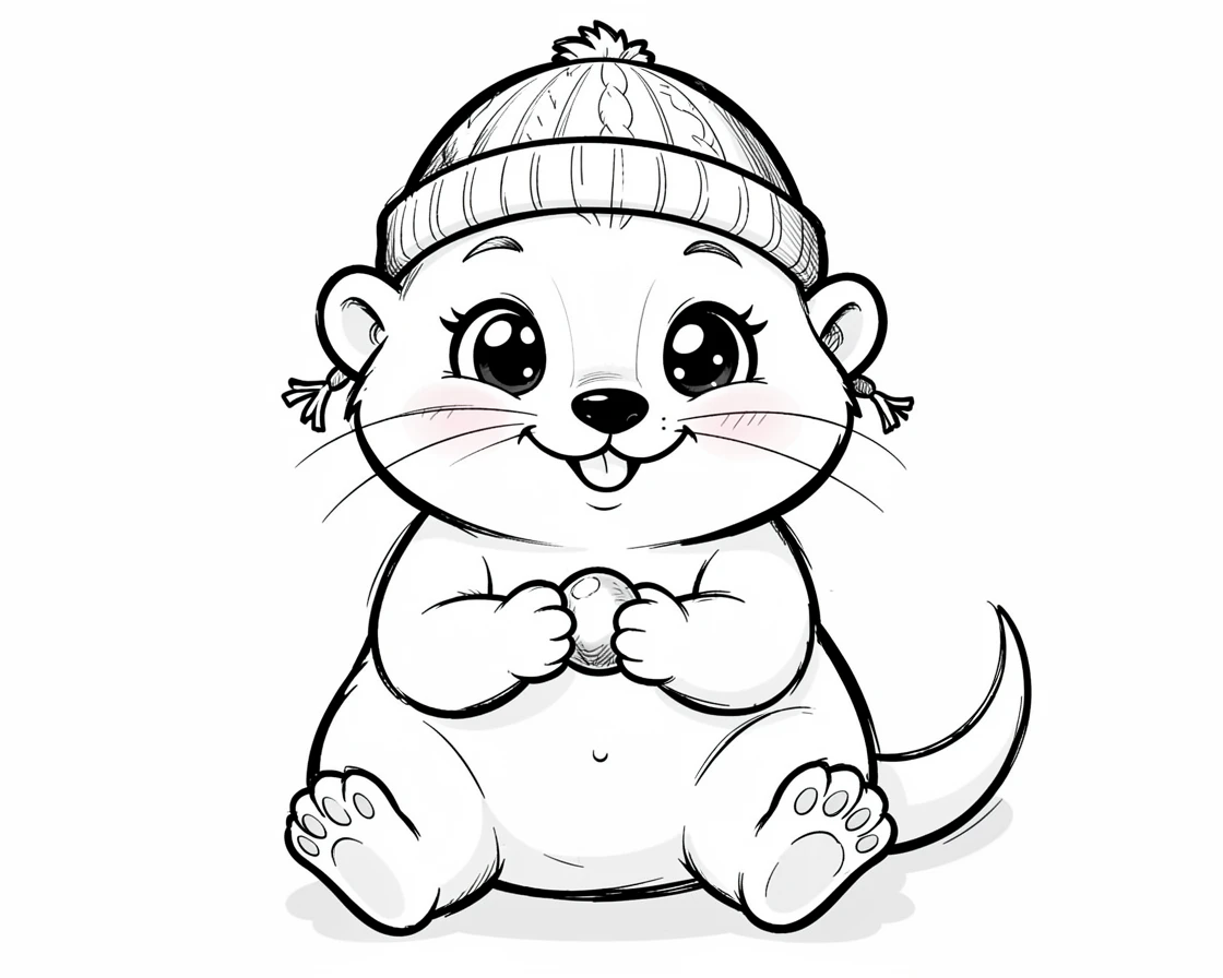 [Cute Animals & Pets] Adorable scene of a chubby baby otter wearing a tiny knitted hat, bursting with charm and playful energy