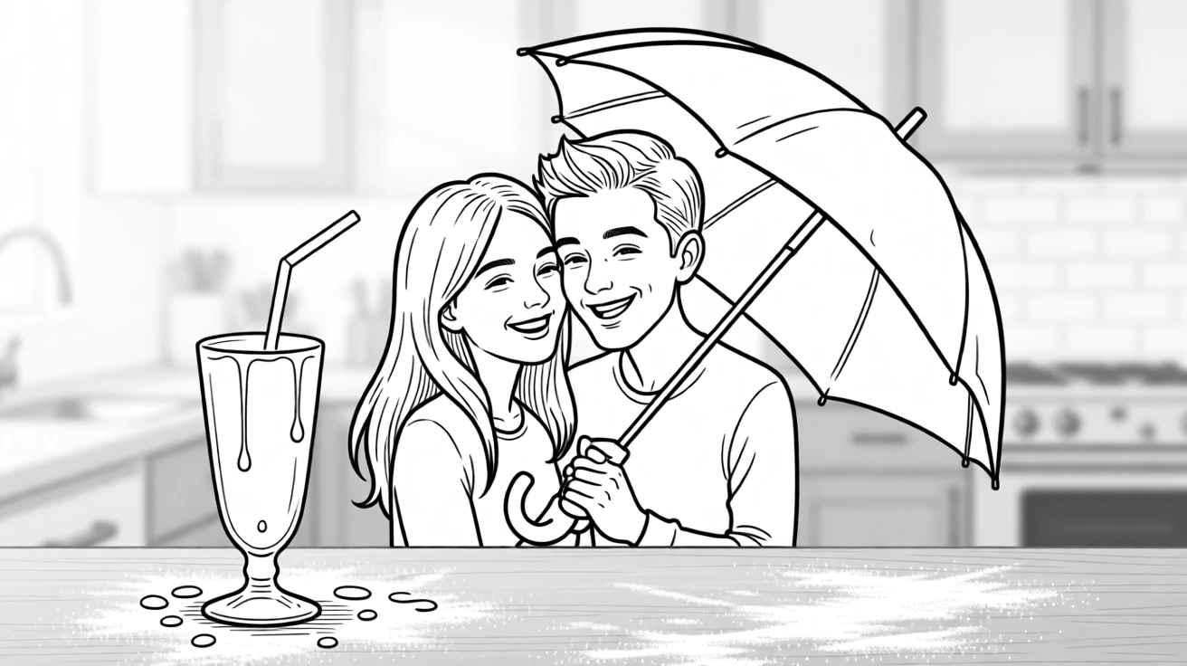 A couple taking a goofy photo booth strip together, huddling close as the umbrella tips sideways, set in a kitchen dusted white with flour. The milkshake glass sweats condensation onto the table. There's a tender sweetness beneath all the silliness.