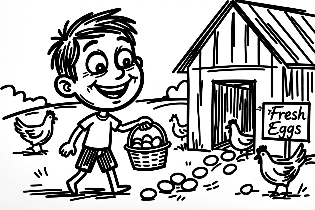 A child collecting fresh eggs from a henhouse, basket in hand.