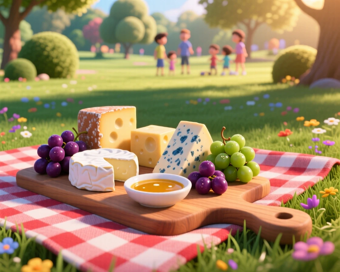 A wooden board of assorted cheeses and grapes sits on a checkered picnic blanket in a park, beside a small dish of dipping sauce. The mood is festive and appetizing.