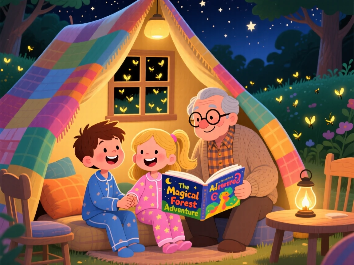 Siblings holding hands laughs while reading a bedtime story under a blanket fort together with his grandfather, as fireflies begin to twinkle.