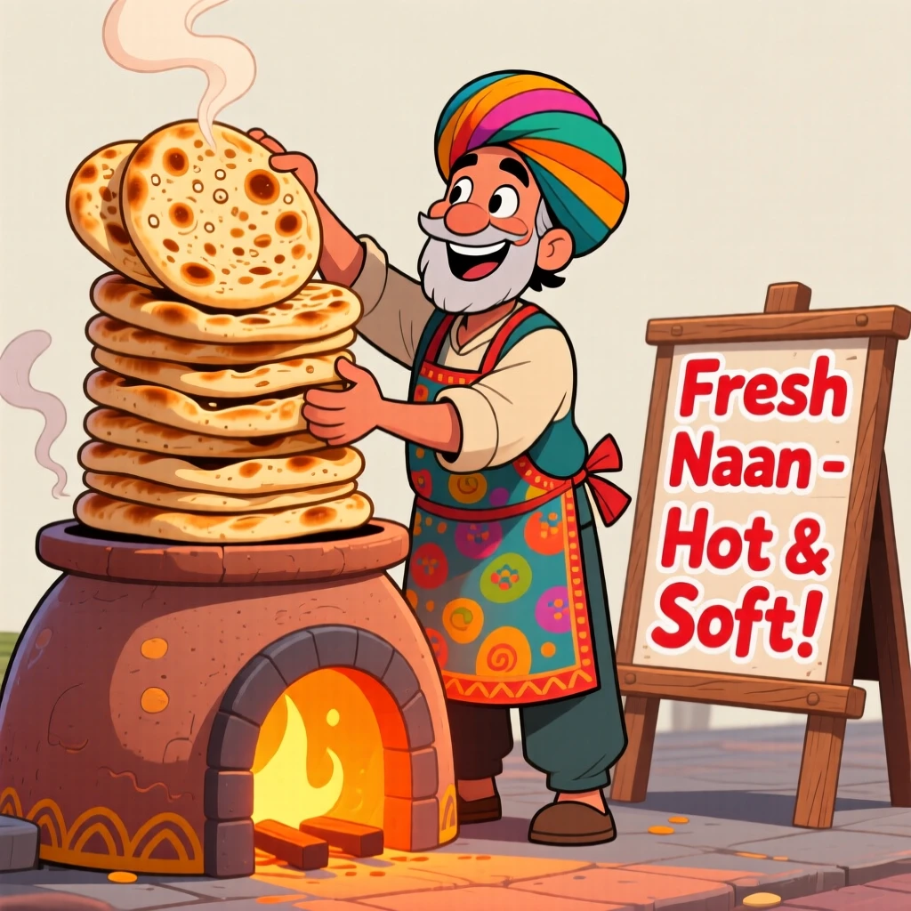 A vendor stacking fresh naan bread beside a glowing clay oven.
