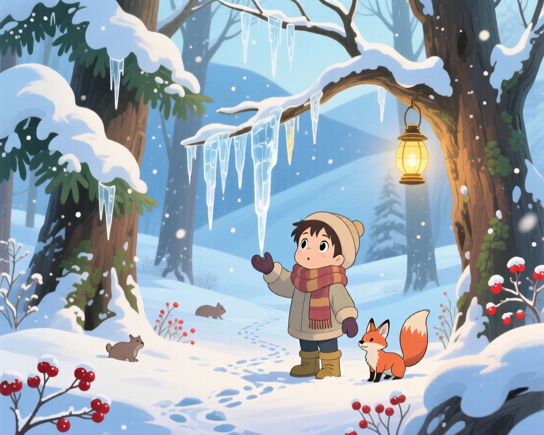 A winter scene of a snowy forest with icicles glittering on every branch, as small details of the season fill every corner.