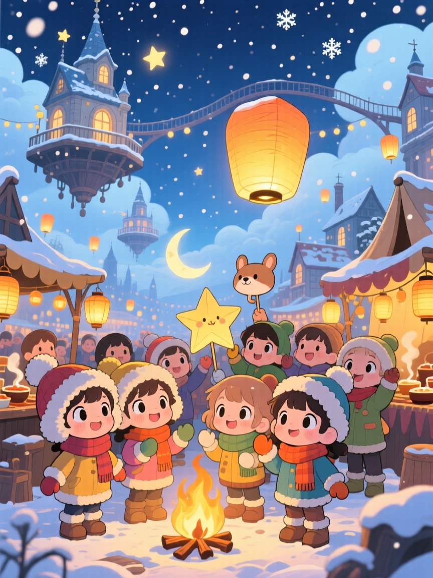 Wide establishing shot of townsfolk children, gathering at a floating lantern market, in a magical sky-city marketplace, during a cozy winter snowfall, illuminated by cozy firelight, radiating eager anticipation.